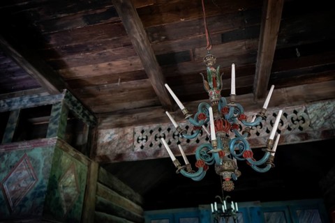 Old chandelier carved from wood, Maihaugen open-air museum with houses and objects from farms in