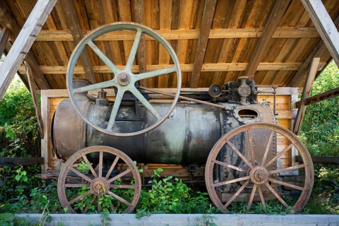 Historic steam engine, Maihaugen open-air museum with houses and objects from farms in