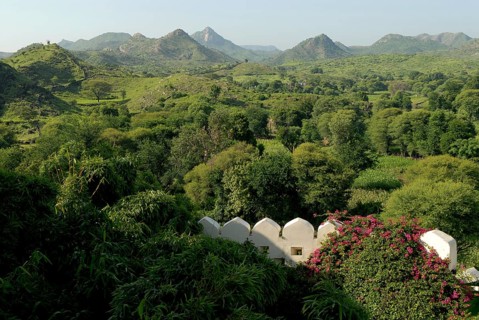 Hilly, green landscape of Aravalli Mountains in monsoon, view from Palace Hotel Devigarh, Delwara