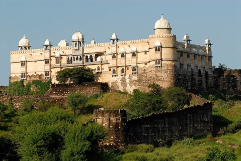 Karni Fort Bambora Palace Hotel with high defensive wall, Bambora, Rajasthan, India