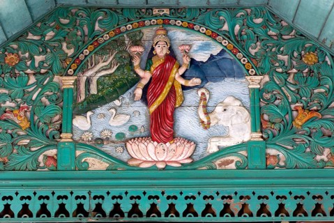 Painted wooden relief, Hindu goddess Lakshmi, goddess of luck, love, fertility, prosperity, health