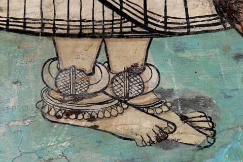 Feet with large traditional silver foot decoration, frescoes, Devigarh Palace Hotel, near Udaipur,