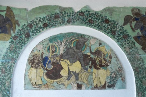 Ancient frescoes depicting Hindu gods Ganesha and Shiva, Devigarh Palace Hotel, near Udaipur,