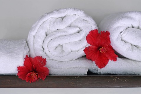 Rolled white towels with red hibiscus flowers on a shelf, Hotel Coconut Lagoon, Cgh Earth Group,
