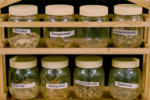 Containers of traditional medicinal herbs and spices, Villa Visalam, Cgh-Earth Hotel Group Hotel,