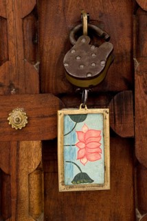 Solid wooden door with lock and lotus key pendant, Karni Fort Bambora Palace Hotel, Bambora,