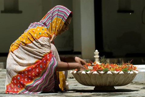 Woman wearing colorful sari arranging flowers in a large bowl, Karni Fort Bambora Palace Hotel,