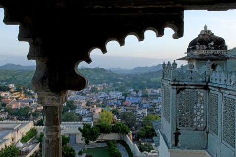 View of Delwara village surrounded by the Aravalli Mountains, Palace Hotel Devigarh, near Udaipur,