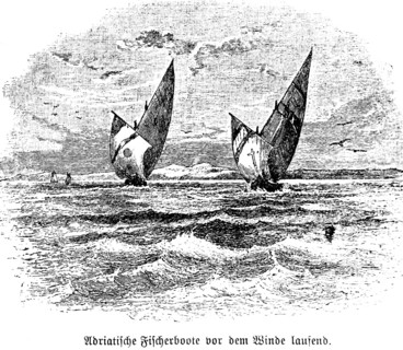 Fishing boats on the Adriatic sea with the aft wind, full sail, spinnaker headsail, swell, high