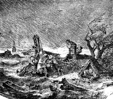 Devastation of the North Sea, storm surge of 1834 on the Halligen, North Frisia,