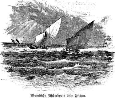 Fishing boats fishing in the Adriatic, wooden boats, sailboats, high waves, strong wind, cloud