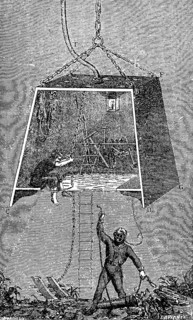 Diver with diving bell, then caisson, at the bottom of the sea, depth, diving suit, oxygen mask,