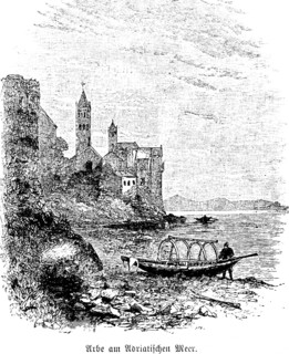 Picturesque old community on the Adriatic coast, cliffs, church, church tower, residential