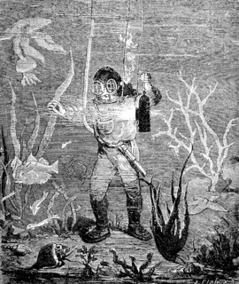 Diver on the seabed, depth, diving suit, oxygen mask, hose, lamp, seaweed, animals, fish, algae,