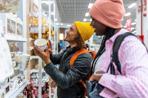 Young diverse couple browsing festive holiday decorations and gift ideas on department store