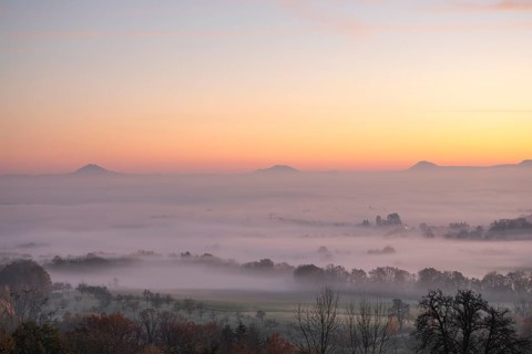 Three Kaiserberge mountains in golden morning light, Hohenstaufen, Aichelberg. Spectacular dawn