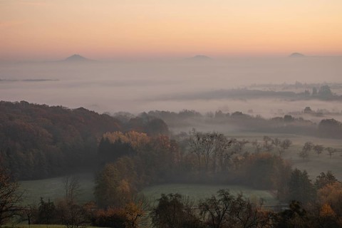 Three Kaiserberge in golden morning light, Hohenstaufen, Aichelberg, Spectacular dawn over the