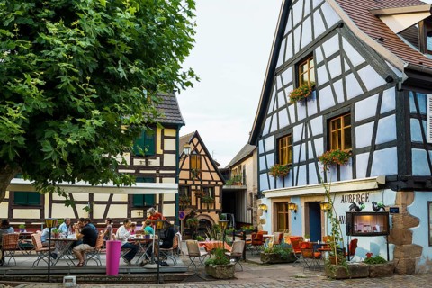 Picturesque village with half-timbered houses, Bergheim, Haut-Rhin, Alsace, France