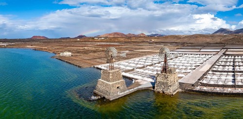 Salt mining plant, Salinas de Janubio with green Laguna de Janubio, near Yaiza, aerial view,