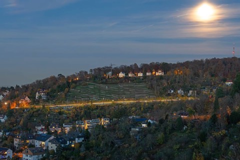 Dusk with full moon on the Neue Weinsteige in Stuttgart Germany
