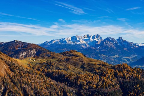 Alpbichlalm with Dachstein massif, autumn, Osterhorn Group, Salzkammergut, Province of Salzburg,