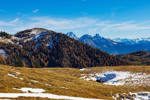 Trattberg Alm with a view of the Hochbühel and Dachstein Massif, Osterhorn Group, Salzkammergut,
