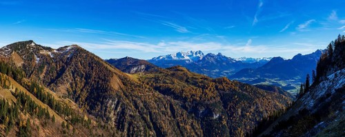 View from Trattberg Alm to Alpbichlalm and Dachstein Massif, Autumn, Osterhorn Group,