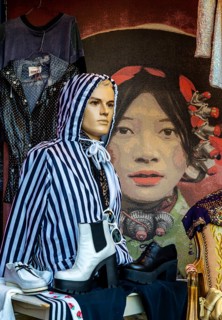 Fashion and quirky At the entrance to a second-hand shop on Hannoverschen Straße in Berlin Mitte,