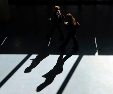 Foyer in a building of the Technical University of Berlin, light and shadow from people at the