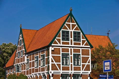 Half-timbered house, architecture, Town Hall, Jork, Altes Land, Germany