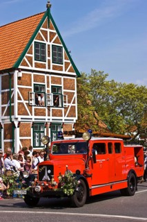 Typical half-timbered house, architecture, parade, blossom festival, fire engine, classic car,