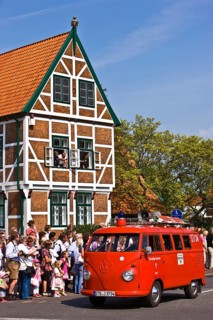 Volkswagen T1, fire truck, van, historic commercial vehicle, town hall, half-timbered house,