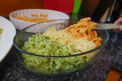 Swabian cuisine, preparation of hand-scraped spaetzle, spaetzle casserole, three types of spaetzle,