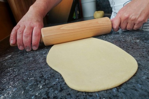 Swabian cuisine, preparing strudel dough, raw potato dough, rolling pin, countertop, baking, out of