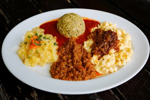 Swabian cuisine, potato salad with flavored onions, spätzle, knöpfle, dumplings with tomato sauce,