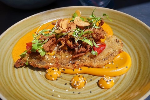 Vegan crispy eggplant, braised and baked, tikka masala, dates, sweet potato cream, enoki, sesame,