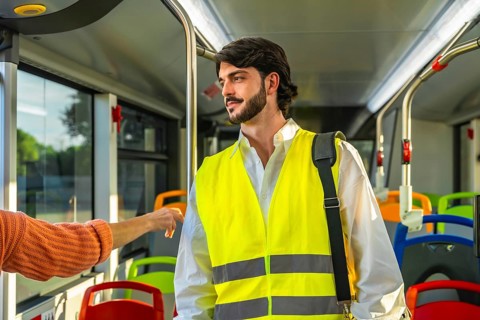 Young man standing inside a public bus. Wearing a yellow high visibility safety vest and carrying a