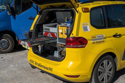 ADAC Strassenwacht vehicle in a parking lot, open trunk with tools, Lenggries, Upper Bavaria,