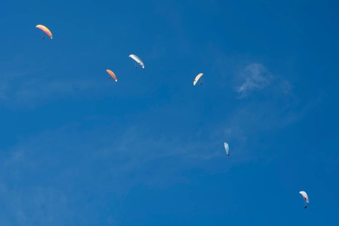 Paragliders in the sky above Brauneck, forming a diagonal, Bavarian Prealps, Isarwinkel, Lenggries,