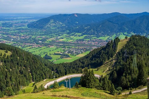 View from Brauneck to Lenggries, front reservoir, Bavarian Prealps, Isarwinkel, Lenggries, Upper