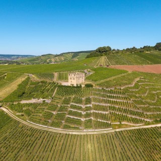 A stone house surrounded by vineyards under a clear blue sky, Y-Burg, Stetten im Remstal,