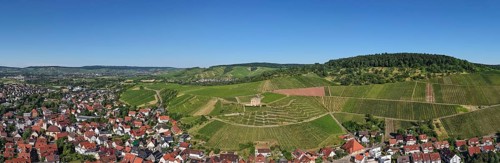 Wide panoramic view of a village and surrounding vineyards, Y-Burg, Stetten im Remstal,