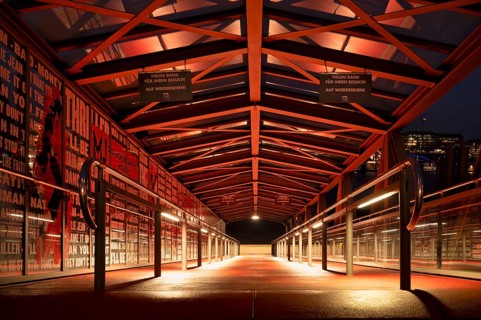 Night shot, covered pier harbour ferry, stage theater, musical, Free and Hanseatic City of Hamburg,