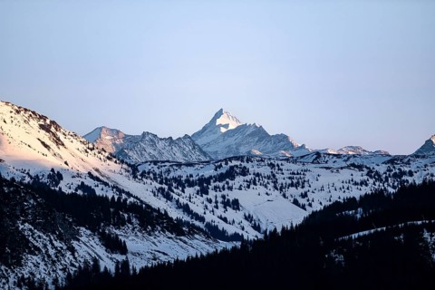 Summit of Grossglockner in winter in evening light, view from the Hohe Salve, Tyrol, Austria