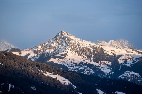 Summit of the Kitzbühler Horn in the evening light in winter, Hochbrixen, Brixen im Thale, Tyrol,