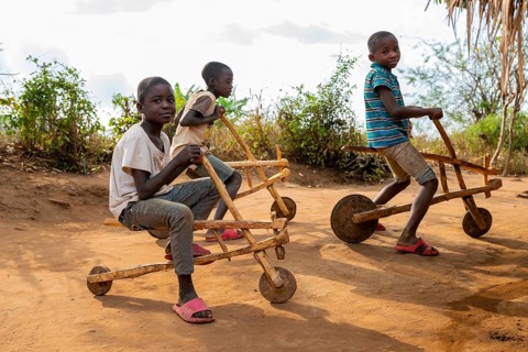 Children on a wooden scooter, homemade toy, in a traditional village, Sadaani, Tanzania
