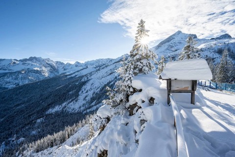 Guide on the hiking trail in winter, view of snow-covered mountain landscape with Alpspitz mountain