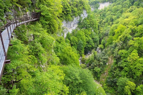 Metal walkway in a forest gorge with lush green trees, Okatse gorge, canyon, Imereti region,