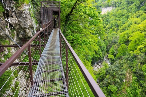 Metal footbridge leads through a green forest gorge, Okatse gorge, canyon, Imereti region, Imereti,