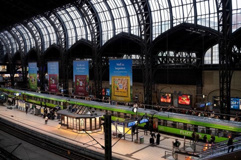 Interior view, Flixtrain, RE, regional express, trains, tracks, platform, travelers, advertising,